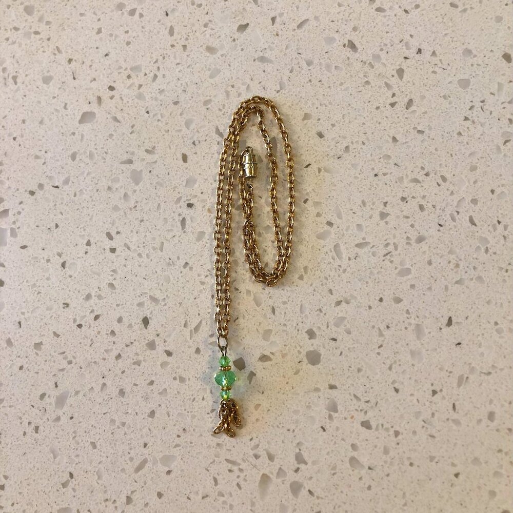 Handmade Gold-Tone Chain Necklace with Green Crystal Beads